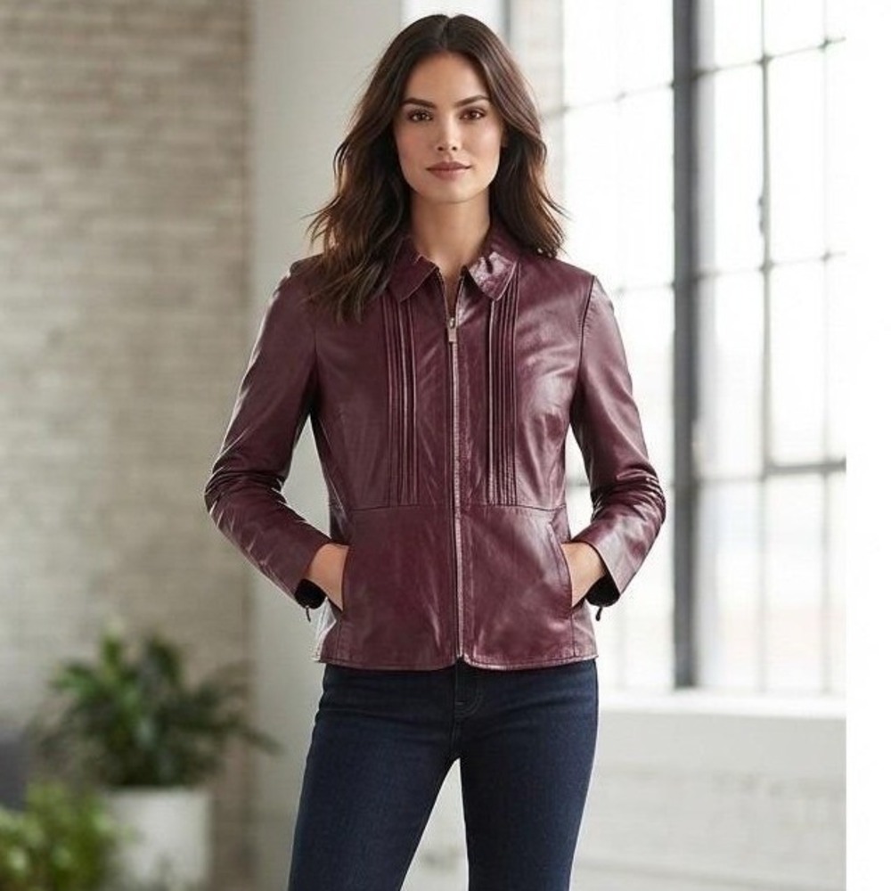VTG Banana Republic Merlot Leather Full Zip Lightweight Pintuck Jacket Size 2